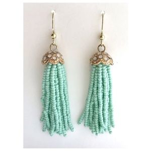 Aqua Seed Bead Fringe Gold Tone Earrings